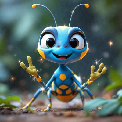 The primary subject of the image is a cartoon-like blue and yellow insect, possibly a grasshopper or a beetle, with a big smile on its face. The insect is surrounded by a forest-like setting, with trees in the background. The visual style of the image is a digital art or illustration, giving it a vibrant and lively appearance. The colors and mood of the image are cheerful and playful, with the blue and yellow insect being the main focus and source of joy.